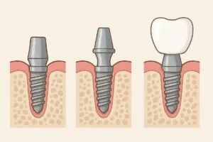 A step-by-step diagram illustrating how a dental implant works, highlighting the titanium screw integrating with the jawbone, the abutment connecting the screw to the crown, and the final crown that looks like a natural tooth. No text on the image.