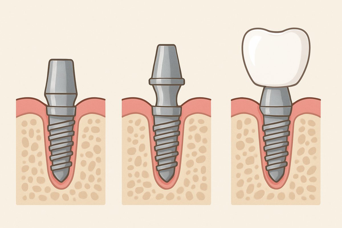 A step-by-step diagram illustrating how a dental implant works, highlighting the titanium screw integrating with the jawbone, the abutment connecting the screw to the crown, and the final crown that looks like a natural tooth. No text on the image.