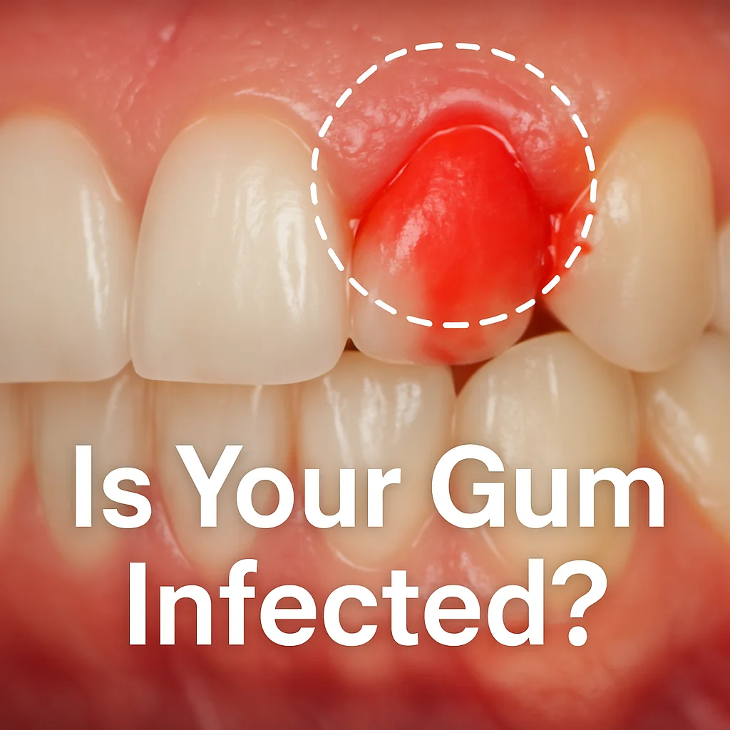 Close up image of gums, with one section highlighted that is inflamed, red, and bleeding. Text on image says: "Is Your Gum Infected?"
