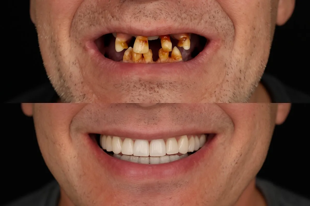 Before and after photo of a patient who had all of their teeth replaced with dental implants. The before photo shows severely damaged and missing teeth, while the after photo showcases a full, healthy smile with natural-looking replacement teeth. No text on image.
