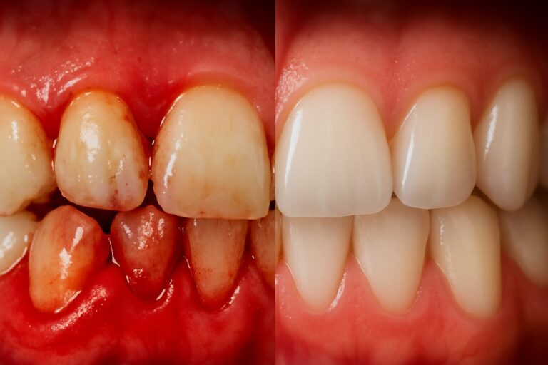 Image of inflamed gums with visible signs of perodental disease, alongside a healthy set of gums for comparison. No text on image.