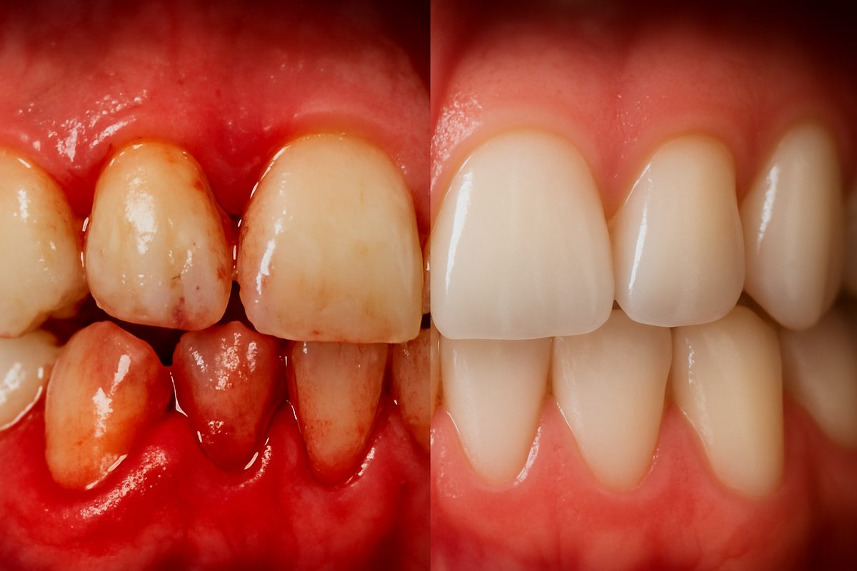 Image of inflamed gums with visible signs of perodental disease, alongside a healthy set of gums for comparison. No text on image.