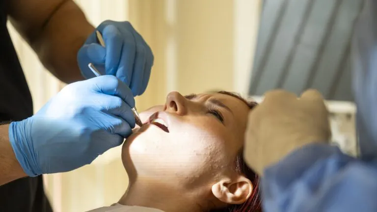 A periodontist wearing surgical loupes is pointing to a 3D model of a patient's mouth and jawbone, while consulting with a patient in a dental office. The image should highlight the precision and technology involved in periodontics. No text on image.